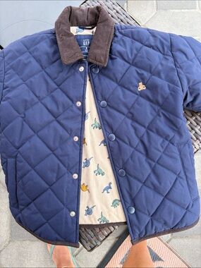 GAP Navy Quilted Puffer Jacket with Brown Corduroy Collar